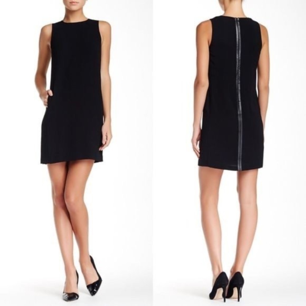 Vince leather trim strapping black sheath dress with pockets, size 4, NWOT
